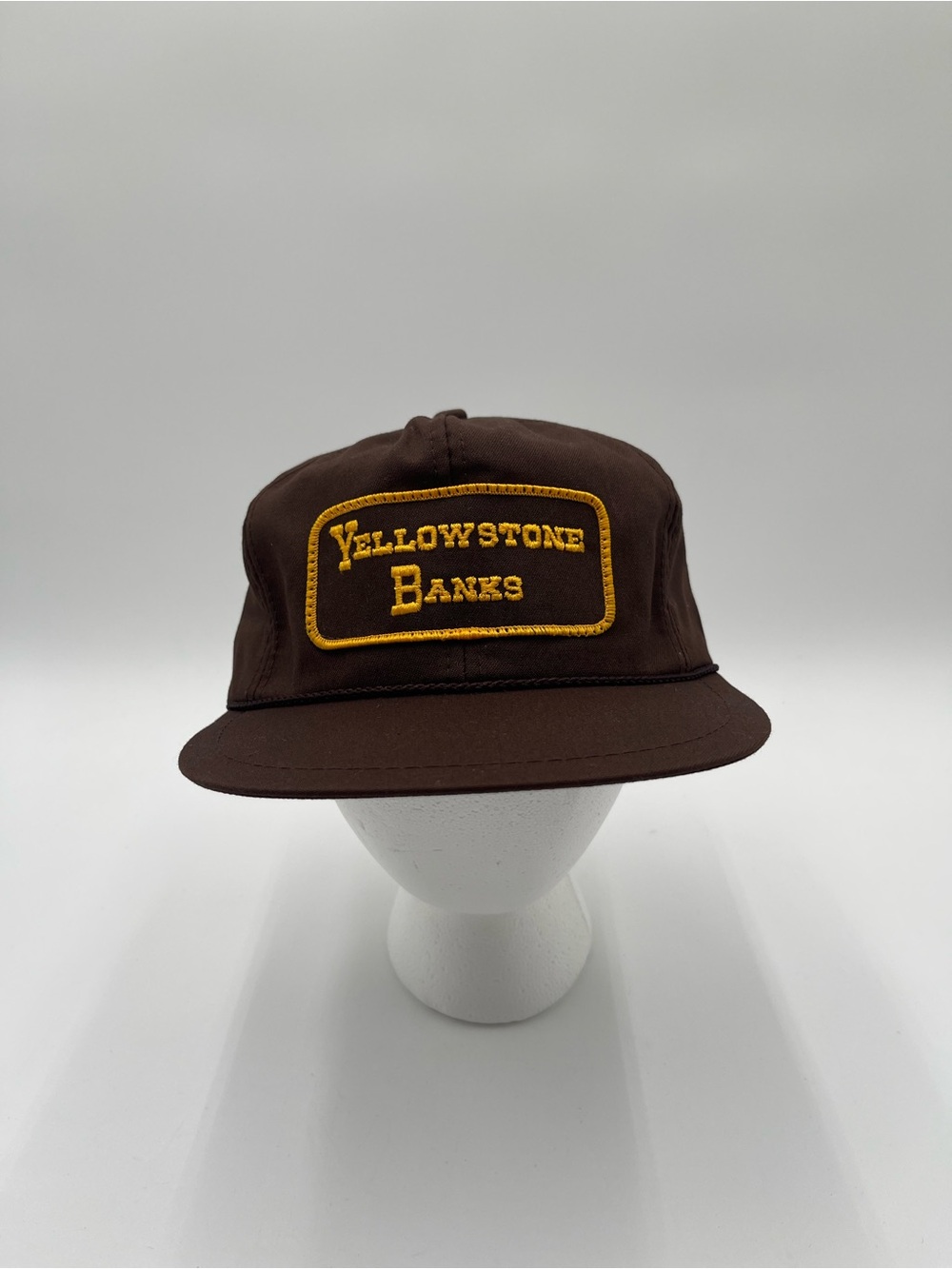Vtg 80s 90s Yellowstone Banks Hat Mesh SNAPBACK K-BRAND Trucker Patch Brown - Picture 2 of 9